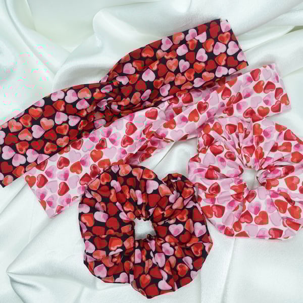 Heart Print Scrunchies & Headbands, Romantic Valentine Scrunchies
