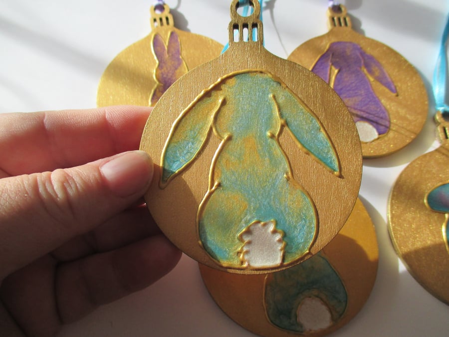 Bunny Rabbit Hanging Decoration Christmas Tree Bauble Hand Painted OOAK Gold