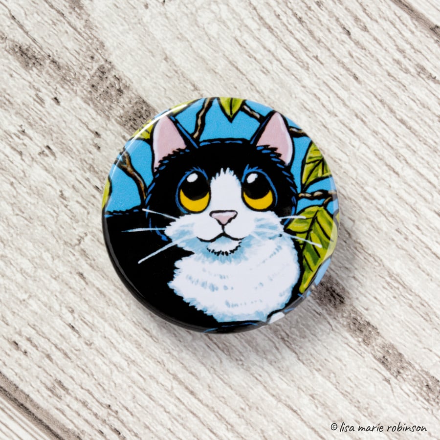 Tuxedo Cat with Tree Leaves Button Badge - 38mm