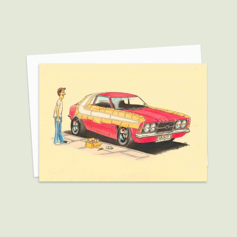 Seventies Car Greetings Card: Hand Drawn Pencil Illustration (307)
