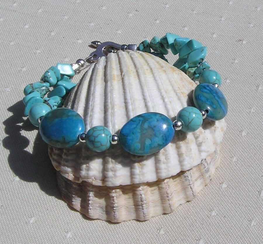 Blue Crazy Lace Agate & Turquoise Magnesite Crystal Gemstone Bracelet "Calypso"