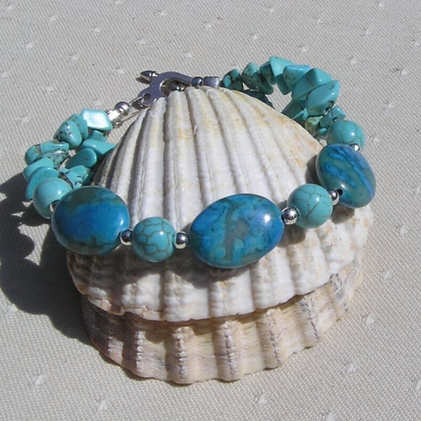 Blue Crazy Lace Agate & Turquoise Magnesite Crystal Gemstone Bracelet "Calypso"