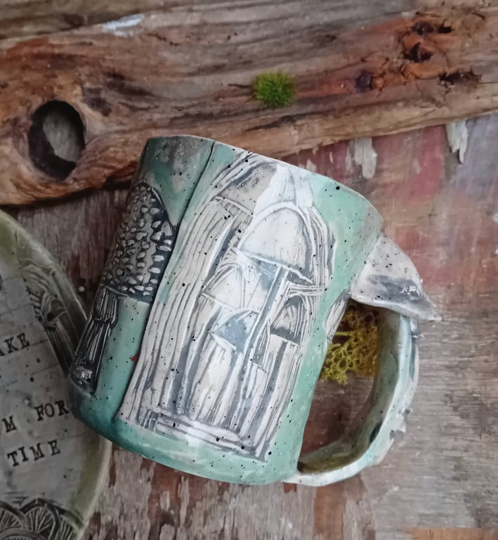 mushroom coffee mug in duck egg blue, handpainted ceramic pottery cup, stoneware