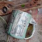 mushroom coffee mug in duck egg blue, handpainted ceramic pottery cup, stoneware