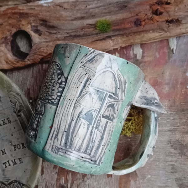 mushroom coffee mug in duck egg blue, handpainted ceramic pottery cup, stoneware