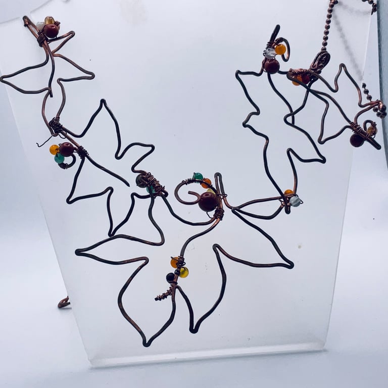 Copper openwork sycamore leaf necklace with autumnal coloured agate beads