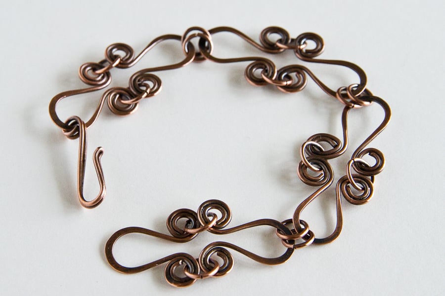 Copper Bracelet Hoops and Spirals Design Hook and Eye Clasp Antiqued Copper