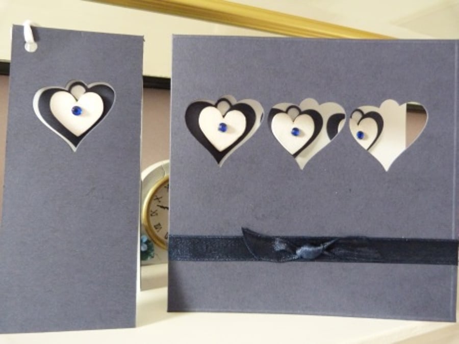 Dark Blue Three Hearts Birthday Card with matching Gift Tag