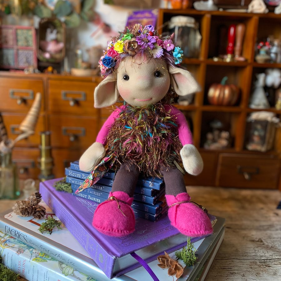 Lucy the Flower Border Troll - Collectable Art Doll - Faerie - Textile Doll
