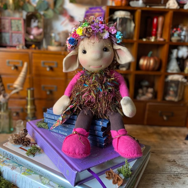 Lucy the Flower Border Troll - Collectable Art Doll - Faerie - Textile Doll