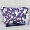 Purple make up bag, zipped pouch, cosmetic bag, birds.