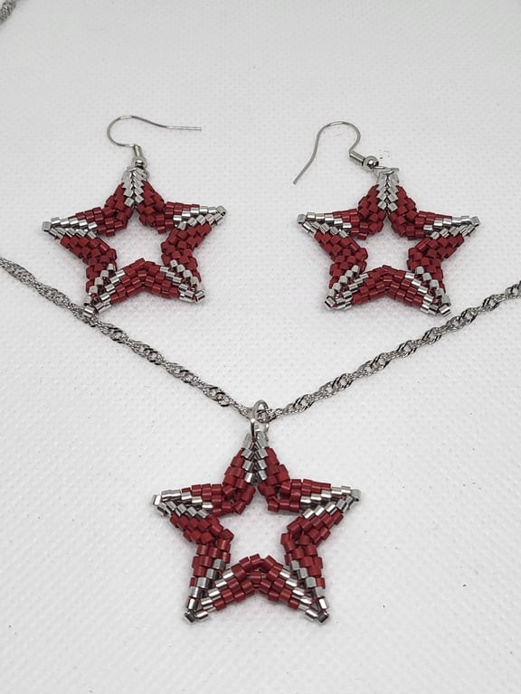 Maroon Christmas Star Necklace and Earrings Set Miyuki Delica Stainless Steel