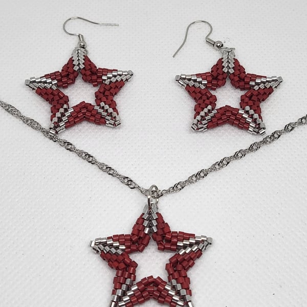 Maroon Christmas Star Necklace and Earrings Set Miyuki Delica Stainless Steel