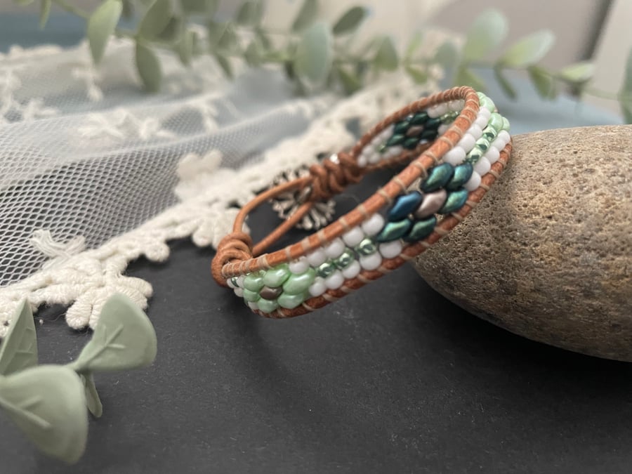 Bracelet, Boho handwoven beaded leather wrap adjustable cuff 