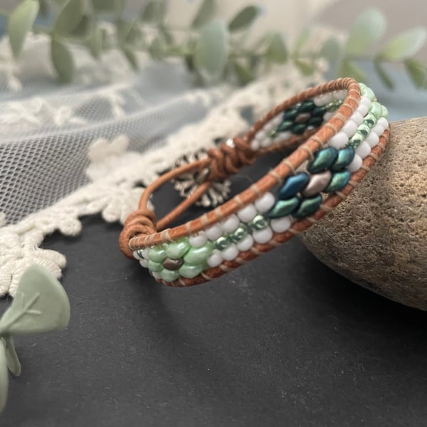 Bracelet, Boho handwoven beaded leather wrap adjustable cuff 