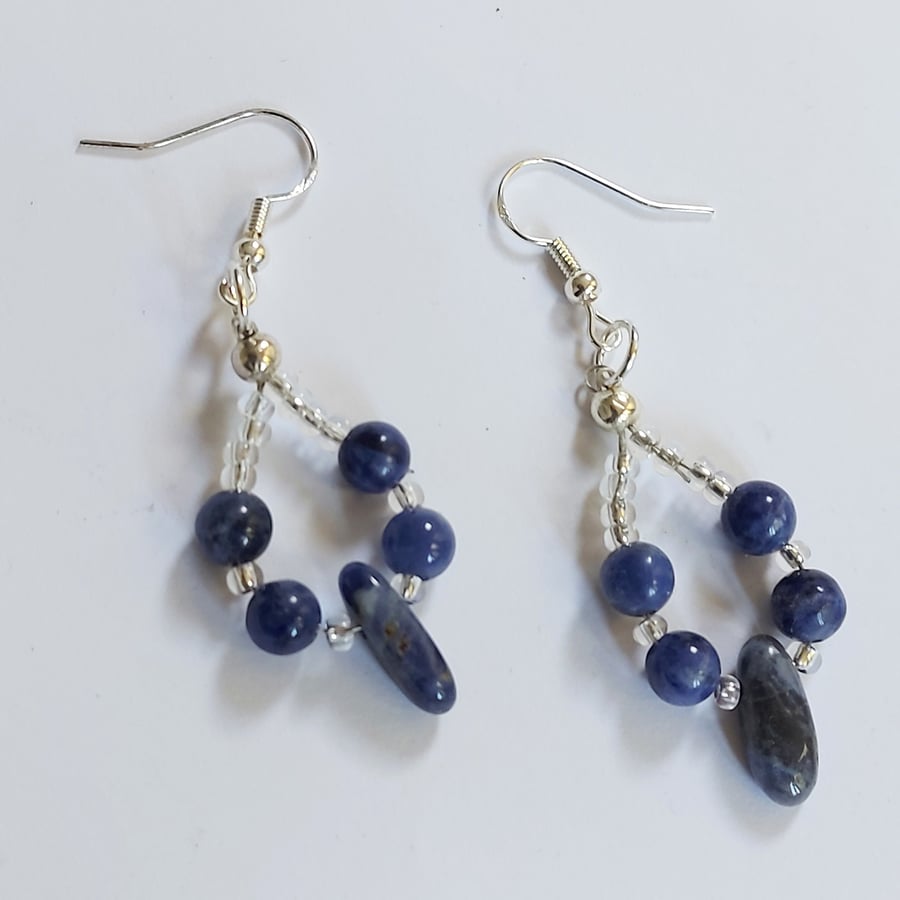 Beaded dangle earrings with sodalite, crystal and sterling silver