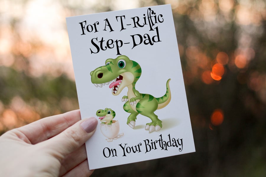 Terrific Step Dad Birthday Card, Dinosaur Birthday Card for Step Dad, Birthday 