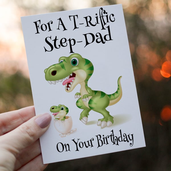 Terrific Step Dad Birthday Card, Dinosaur Birthday Card for Step Dad, Birthday 