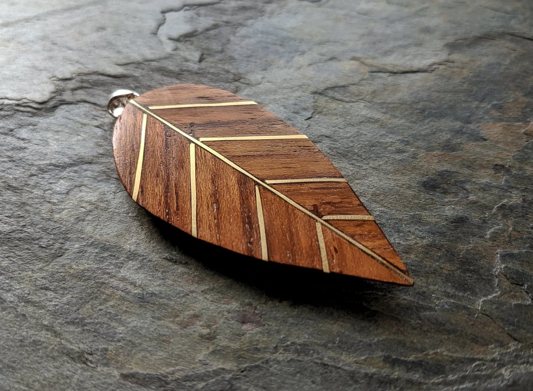 Wooden Leaf Pendant, teak, oak, brass