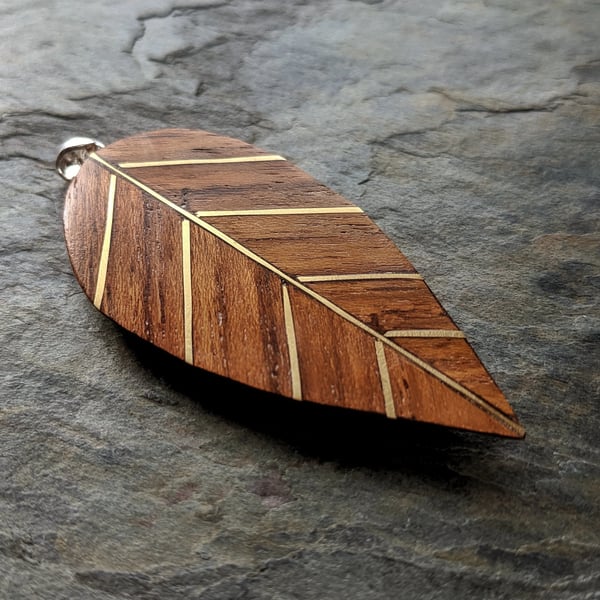 Wooden Leaf Pendant, teak, oak, brass