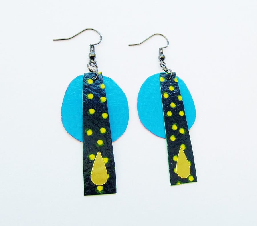 Long Earrings Dangly Blue Yellow Dots Spotty Paper Beads Statement Jewelry     