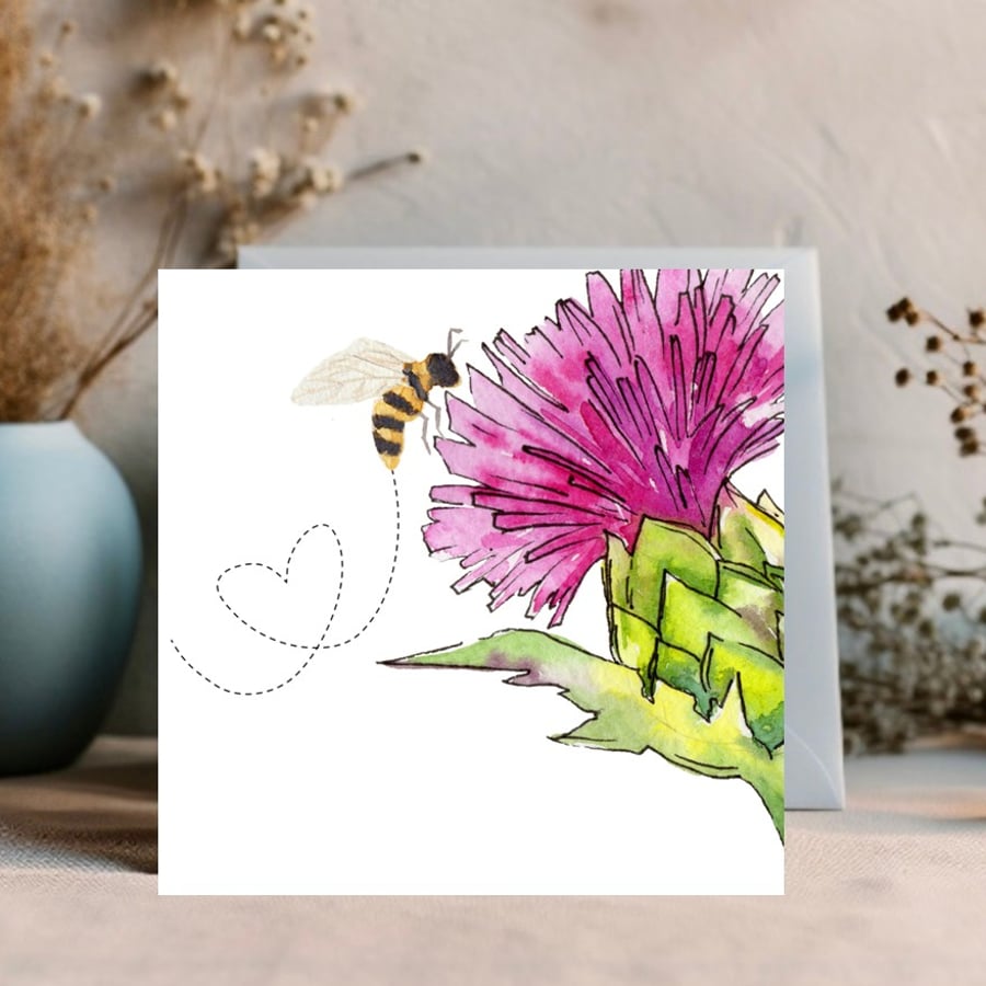 Thistle & Bee Watercolour print card - can be personalised 