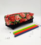 Red roses and black denim, pencil case with a bobble trim.  - Image 1