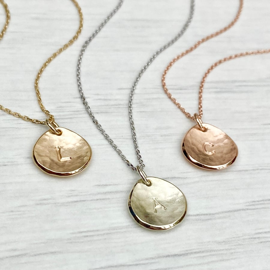 Handmade 9ct solid yellow, rose or white gold 10mm petal letter charm necklace