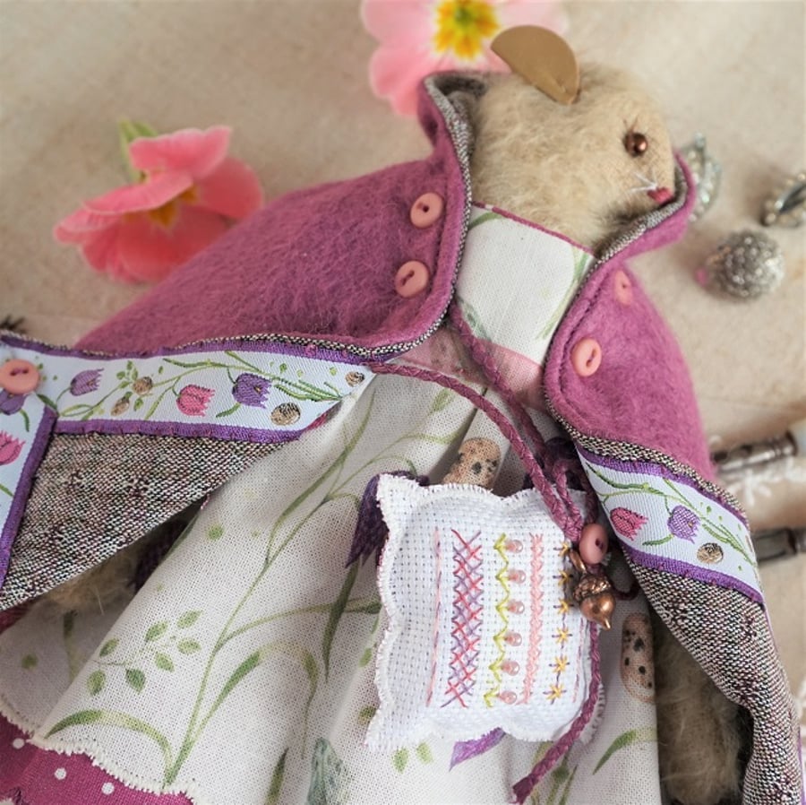 Fritillary Mouse with Ribbon Trimmed Wool Felt Cape