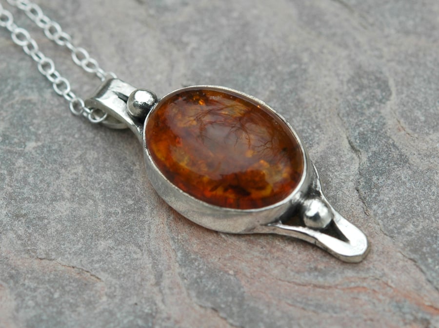 Sterling Silver and Amber Handmade Pendant with Silver Granulations