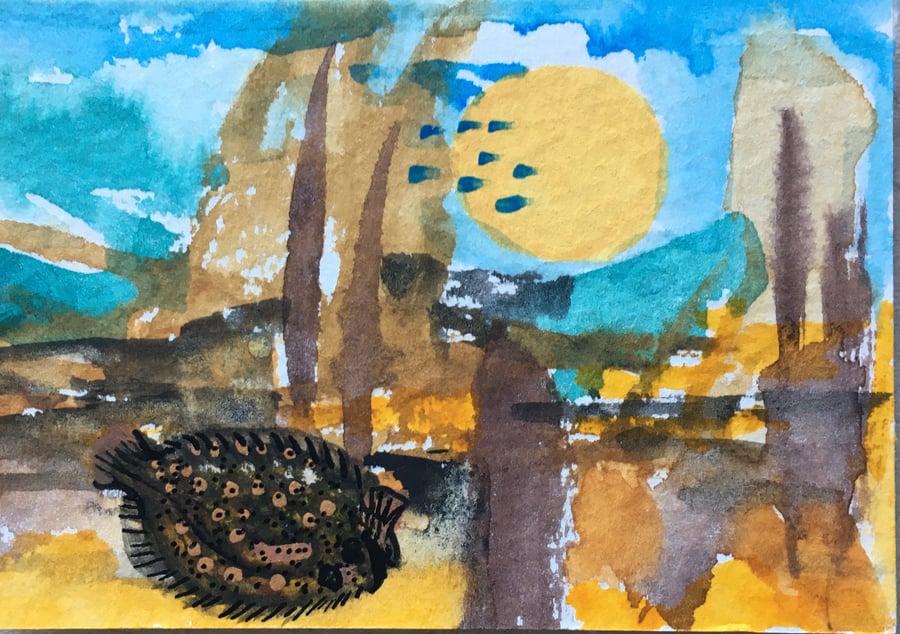 Abstract beach fish aceo 