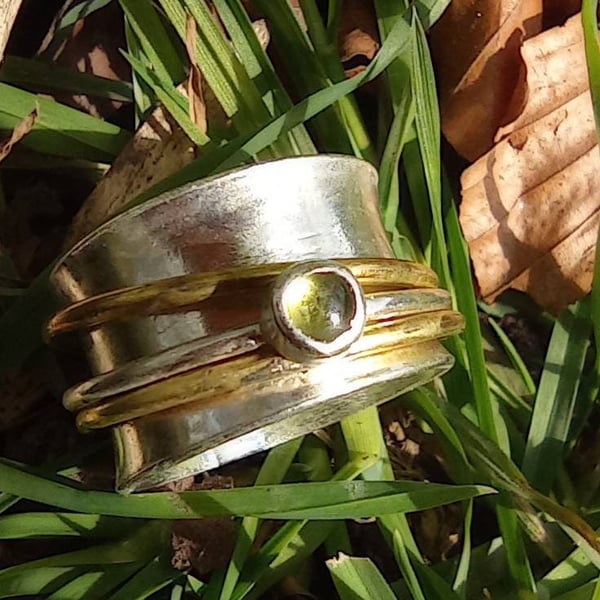Silver spinner ring, chunky ring, silver peridot gemstone, anxiety ring. Spinner
