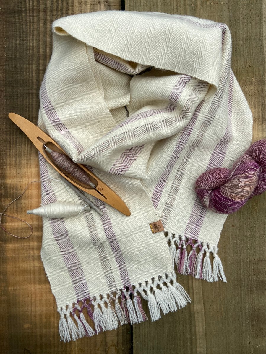 British Wool Scarf, Cream & Clover Hand Woven Scarf, Hand Painted Ladies Scarf