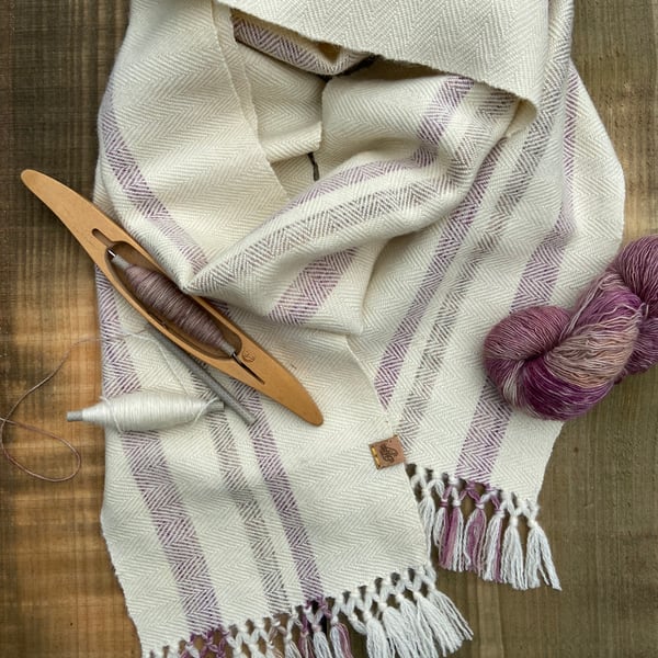 Hand Painted & Woven British Lambs Wool Clover Stripes Herringbone Scarf