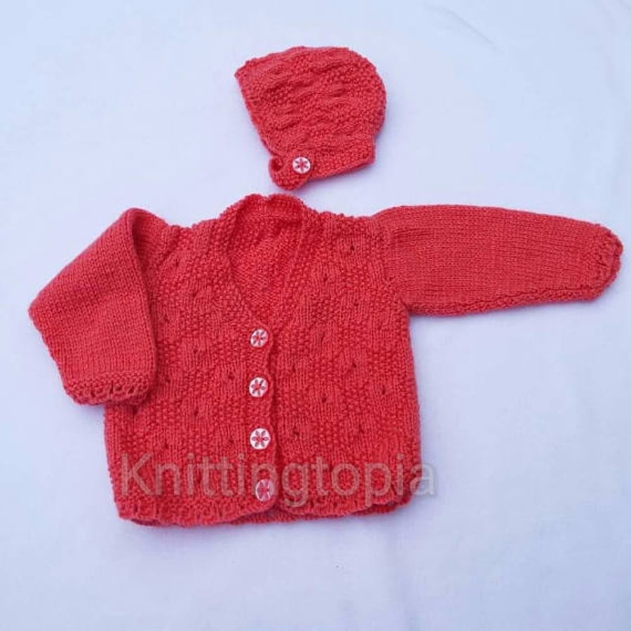 Hand knitted baby cardigan to fit 18 inch chest and matching bonnet - salmon 