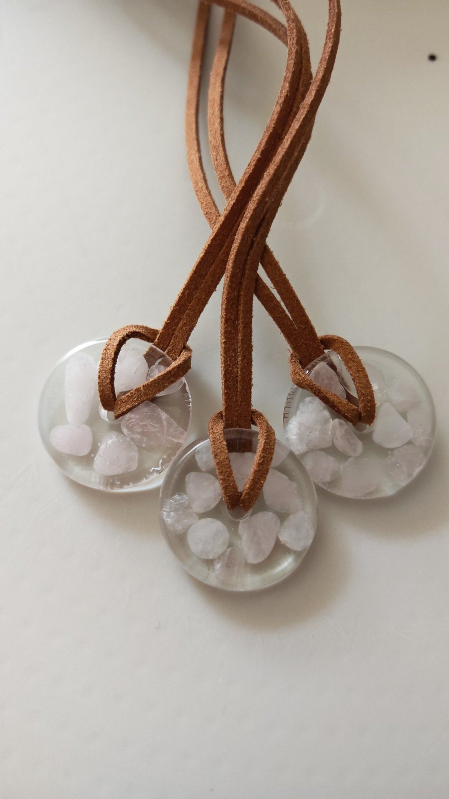 Rose Quartz Resin Circle Necklace: Crystal Pendant On Cord- Handmade Jewelry