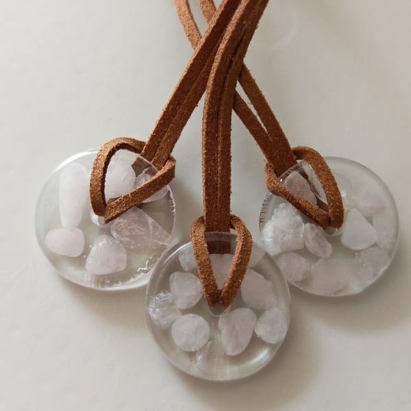 Rose Quartz Resin Circle Necklace: Crystal Pendant On Cord- Handmade Jewelry