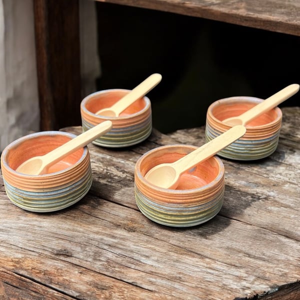 Set of 4 - Hand-Thrown Mini Dip Sauce Dishes with Wooden Spoon