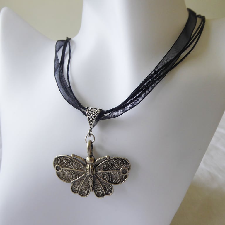 Black Ribbon & Cord Adjustable Necklace with Moth Pendant