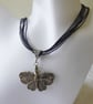 Black Ribbon & Cord Adjustable Necklace with Moth Pendant