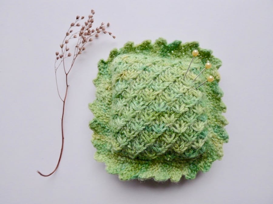Pincushion, knitted pincushion, green pincushion