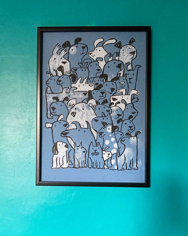 Dog Ears A3 unframed Screen Print grey-blue by Jo Brown Happy Tomato