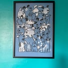 Dog Ears A3 unframed Screen Print grey-blue by Jo Brown Happy Tomato