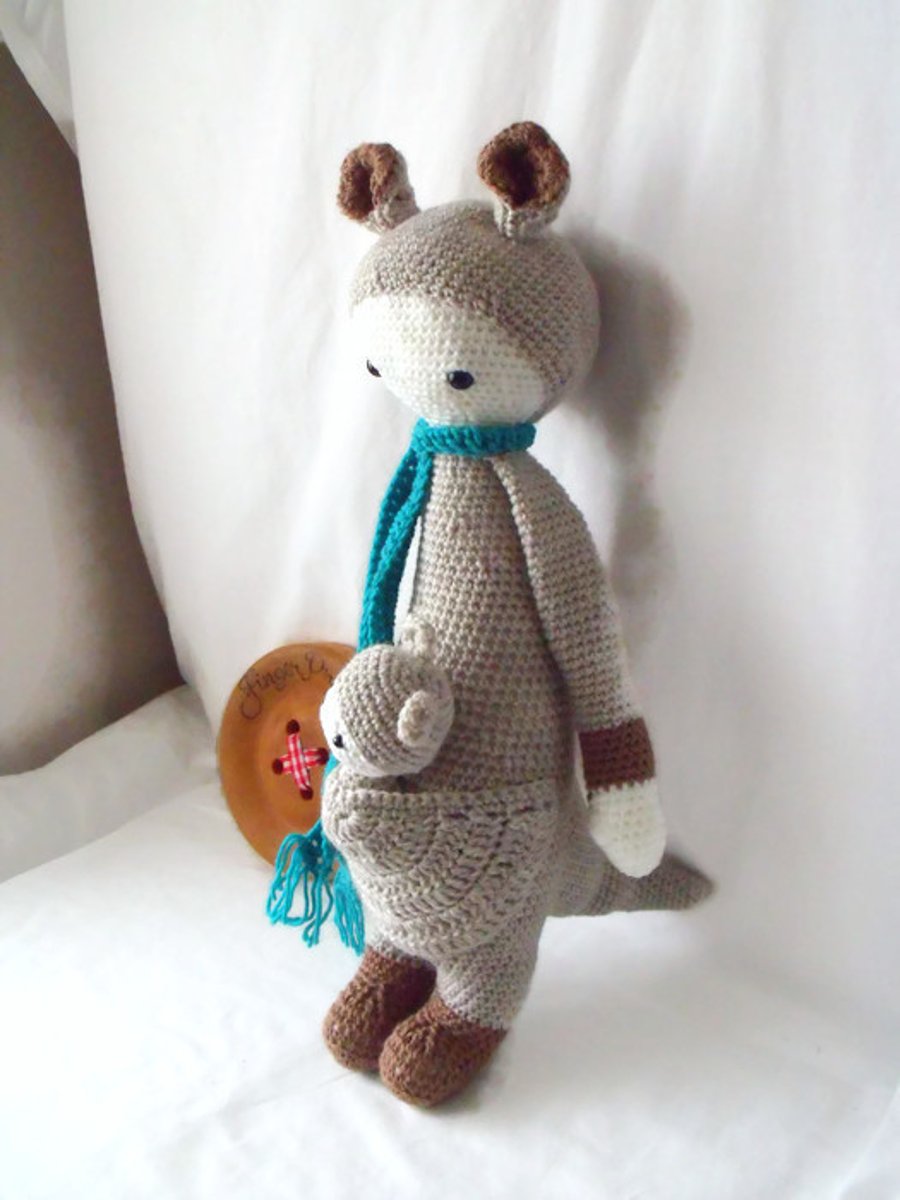 large crocheted Lalylala kangeroo and baby joey, mum and baby amigurumi 