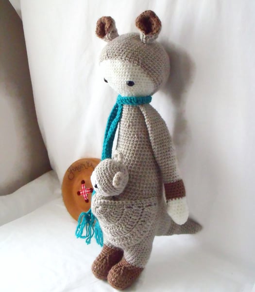 large crocheted Lalylala kangeroo and baby joey, mum and baby amigurumi 