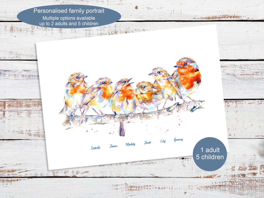 Personalised robin family portrait - multiple print options - any name