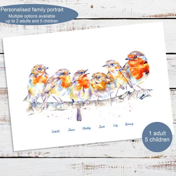 Personalised robin family portrait - multiple print options - any name
