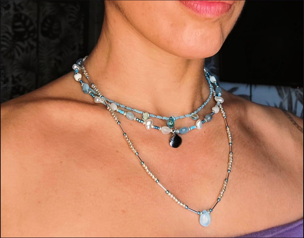 Aquamarine Gemstone and Glass Choker Necklace