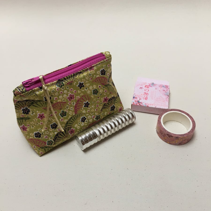 Green Flowers and Fans Japanese Fabric Coin Purse