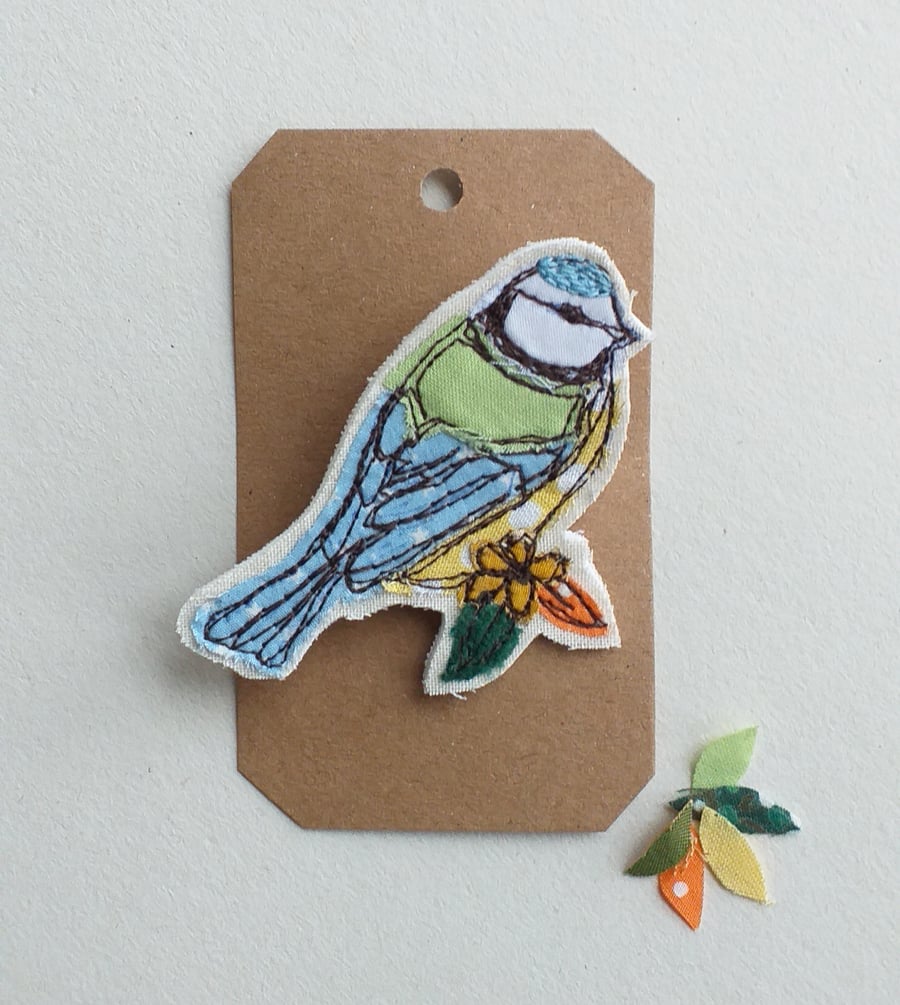 Embroidered Blue-tit Brooch